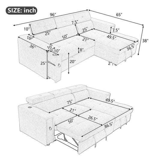 Wood Beige L-Shape Sleeper Sectional Sofa with Adjustable Headrest & Charging - image 2