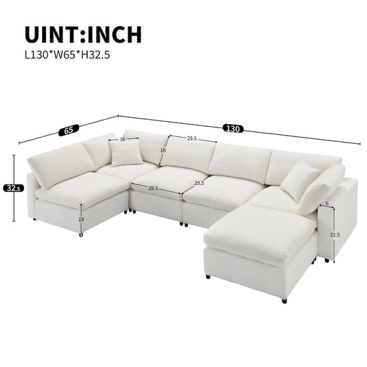 Wood Beige 130 Chenille U-Shaped Sleeper Sectional Sofa, 6-Piece Modular Design - image 2