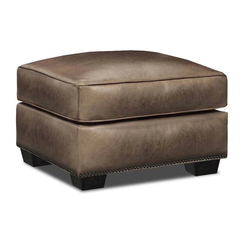 Solid Wood Valencia Grain Hand Antiqued Leather Traditional Ottoman