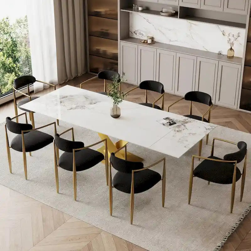 Metal 9 - Piece 94.48 Modern Minimalist Extendable Sintered Stone Dining Set with 8 Fabric Chair