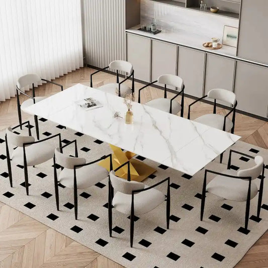 Metal 9 - Piece 94.48 Modern Minimalist Extendable Sintered Stone Dining Set with 8 Fabric Chair - image 2