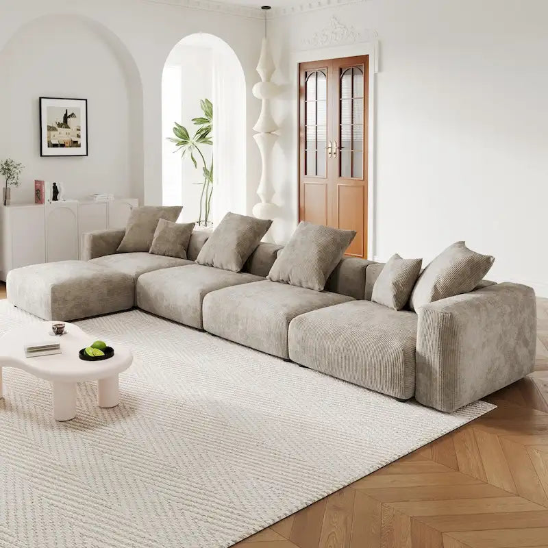 Solid Wood L-Shaped Couch Corduroy Sofa 5-seat Modular Large Sectional Couch with Ottoman for Living Room