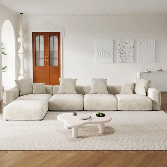 Solid Wood L-Shaped Couch Corduroy Sofa 5-seat Modular Large Sectional Couch with Ottoman for Living Room - image 2