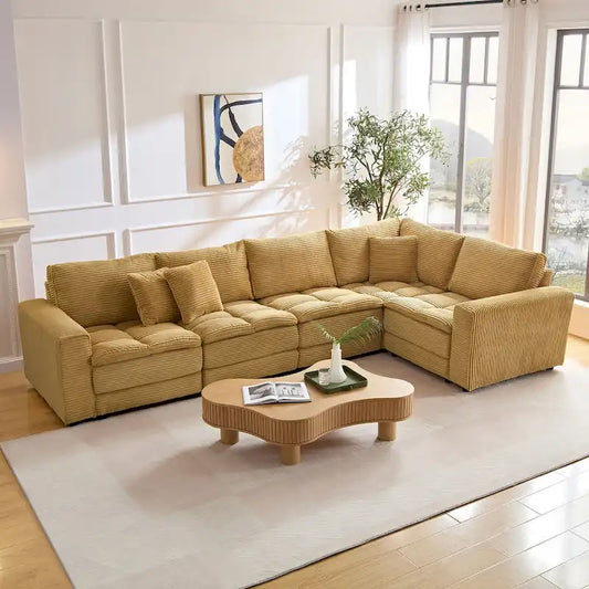 Solid Wood 5-Seat Oversized Sectional Sofa, Yellow Corduroy, Convertible Sleeper Couch - image 2