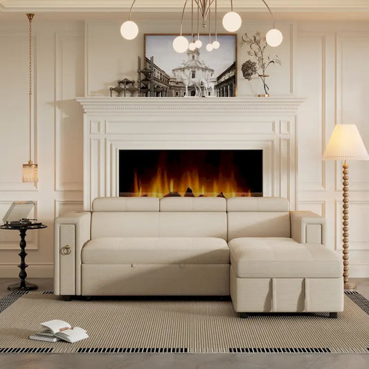 Beige L-Shape Sleeper Sectional Sofa with Adjustable Headrest & Charging