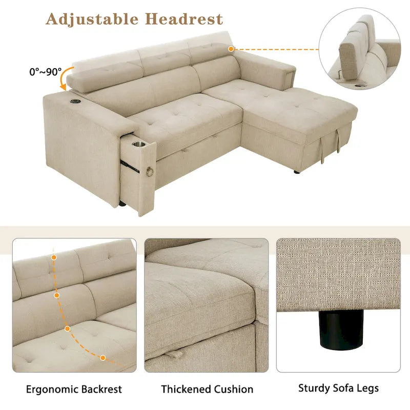 Beige L-Shape Sleeper Sectional Sofa with Adjustable Headrest & Charging