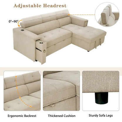 Beige L-Shape Sleeper Sectional Sofa with Adjustable Headrest & Charging
