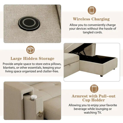 Beige L-Shape Sleeper Sectional Sofa with Adjustable Headrest & Charging