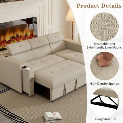 Beige L-Shape Sleeper Sectional Sofa with Adjustable Headrest & Charging
