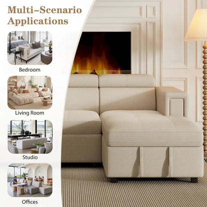 Beige L-Shape Sleeper Sectional Sofa with Adjustable Headrest & Charging