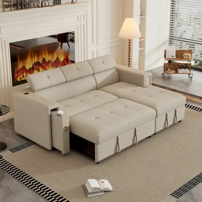 Beige L-Shape Sleeper Sectional Sofa with Adjustable Headrest & Charging