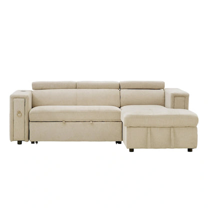 Beige L-Shape Sleeper Sectional Sofa with Adjustable Headrest & Charging