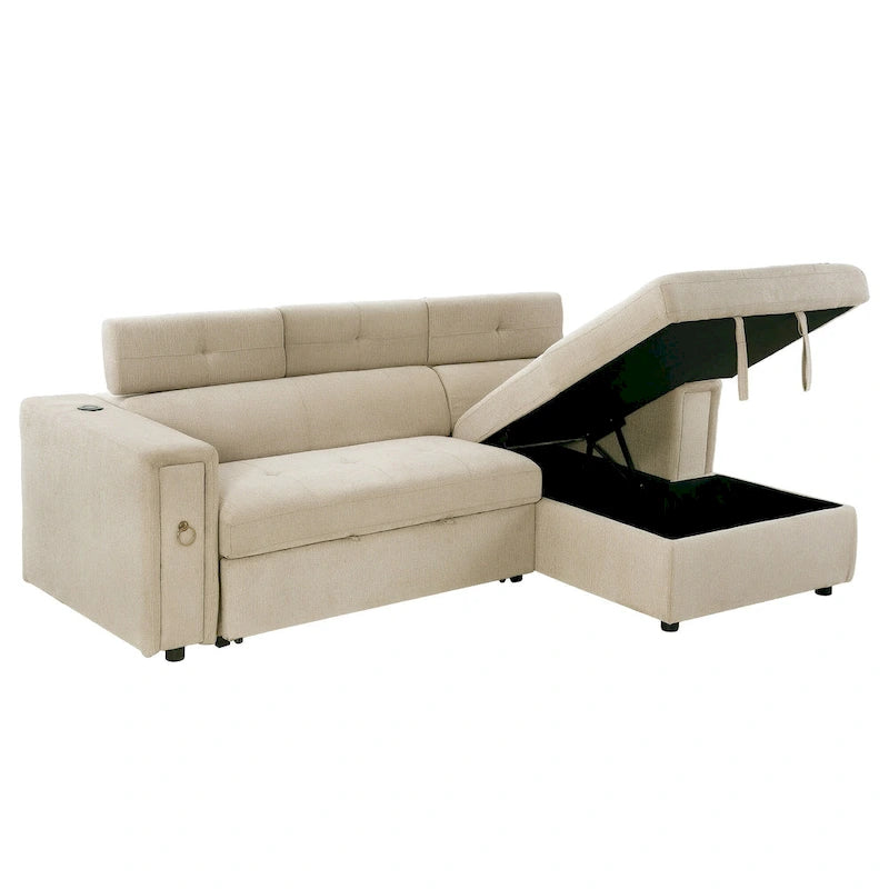 Beige L-Shape Sleeper Sectional Sofa with Adjustable Headrest & Charging
