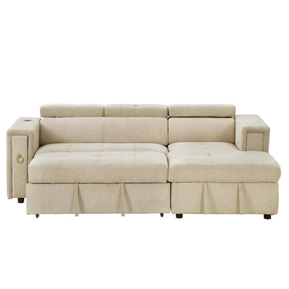 Beige L-Shape Sleeper Sectional Sofa with Adjustable Headrest & Charging