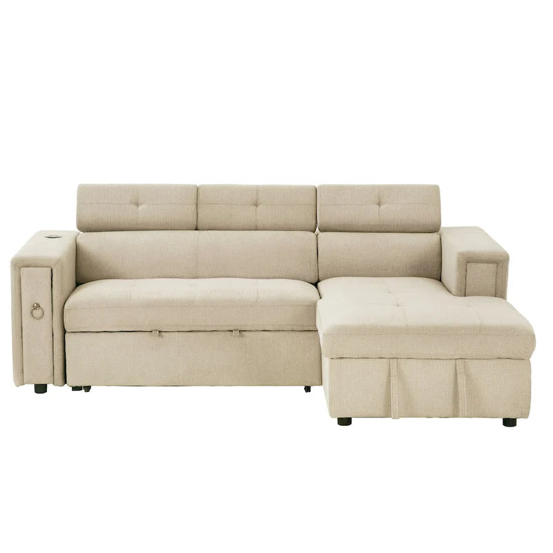 Beige L-Shape Sleeper Sectional Sofa with Adjustable Headrest & Charging