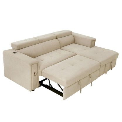 Beige L-Shape Sleeper Sectional Sofa with Adjustable Headrest & Charging
