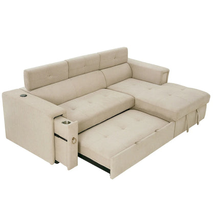 Beige L-Shape Sleeper Sectional Sofa with Adjustable Headrest & Charging