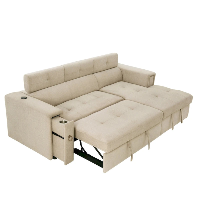 Beige L-Shape Sleeper Sectional Sofa with Adjustable Headrest & Charging