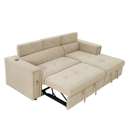 Beige L-Shape Sleeper Sectional Sofa with Adjustable Headrest & Charging