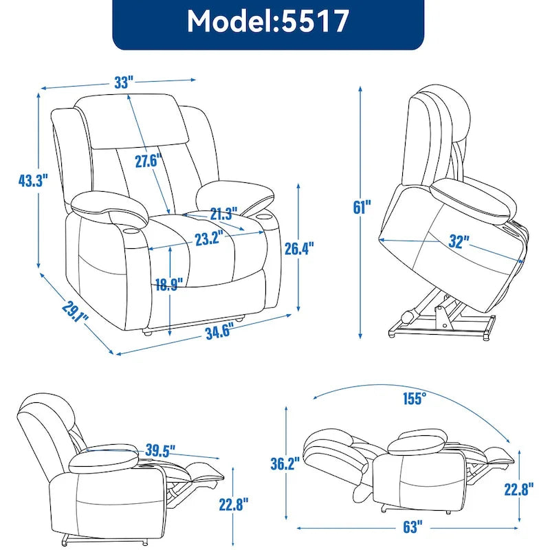Chenille Power Lift Recliner Chair with 8-Point Vibration Massage and Lumbar Heating, USB and Type-C Ports