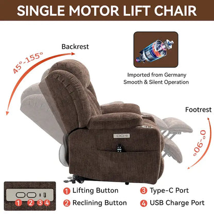 Chenille Power Lift Recliner Chair with 8-Point Vibration Massage and Lumbar Heating, USB and Type-C Ports
