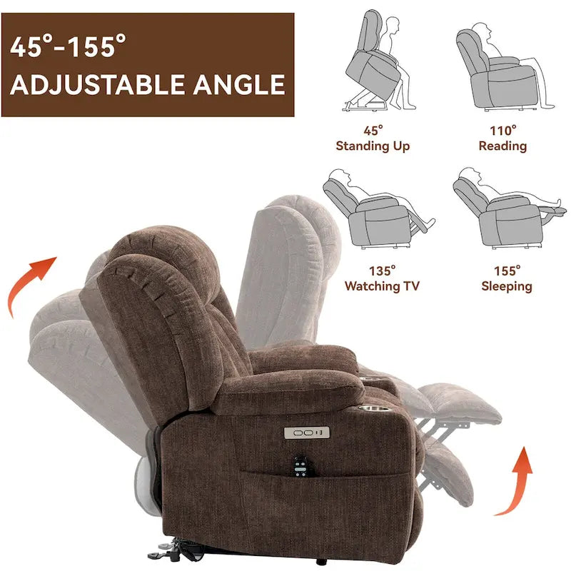 Chenille Power Lift Recliner Chair with 8-Point Vibration Massage and Lumbar Heating, USB and Type-C Ports