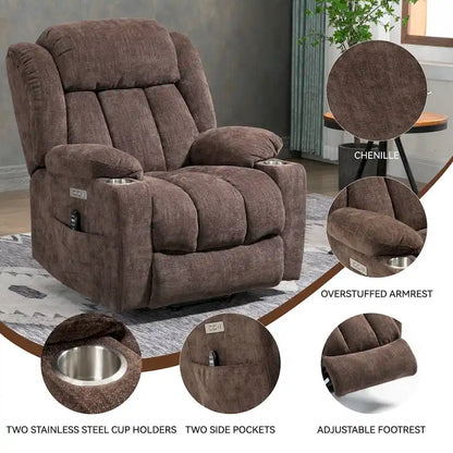 Chenille Power Lift Recliner Chair with 8-Point Vibration Massage and Lumbar Heating, USB and Type-C Ports