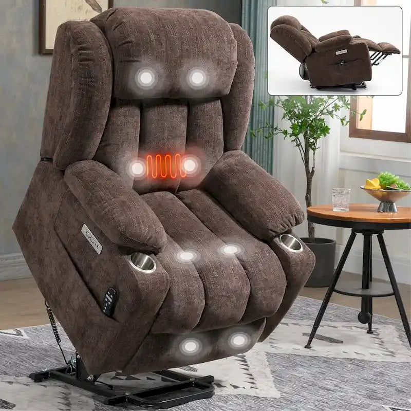Chenille Power Lift Recliner Chair with 8-Point Vibration Massage and Lumbar Heating, USB and Type-C Ports
