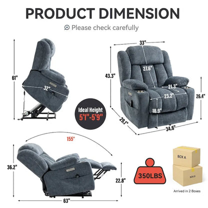 Chenille Power Lift Recliner Chair with 8-Point Vibration Massage and Lumbar Heating, USB and Type-C Ports