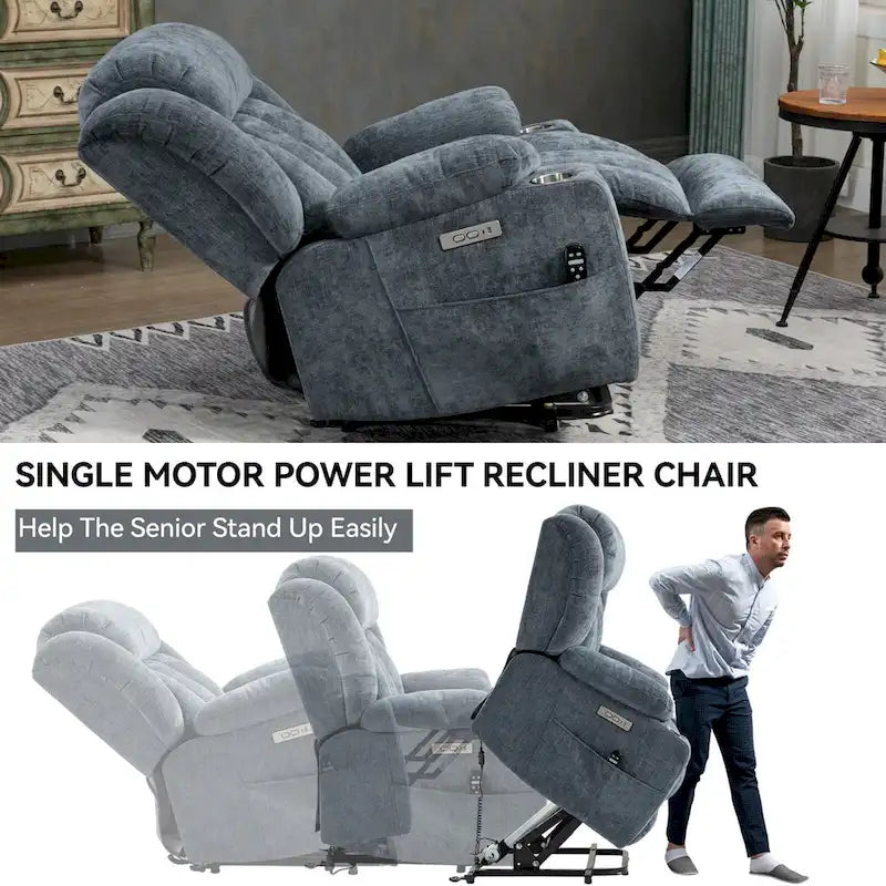 Chenille Power Lift Recliner Chair with 8-Point Vibration Massage and Lumbar Heating, USB and Type-C Ports