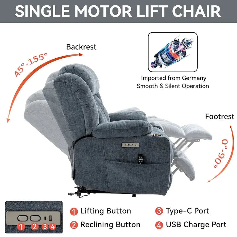 Chenille Power Lift Recliner Chair with 8-Point Vibration Massage and Lumbar Heating, USB and Type-C Ports