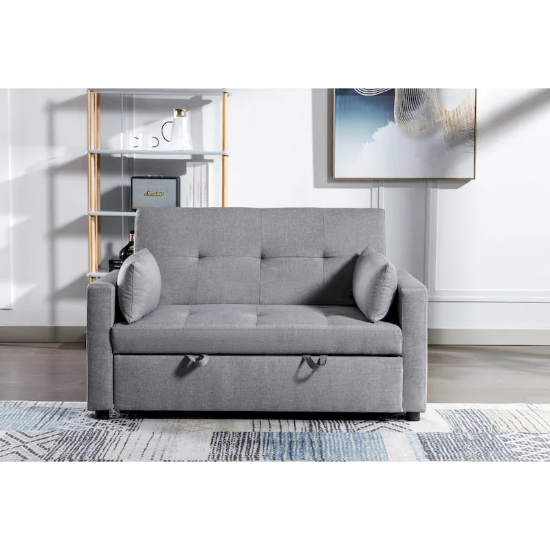 55.12 3-in-1 Linen Convertible Loveseat Sofa Bed with Side Pocket and Pillows