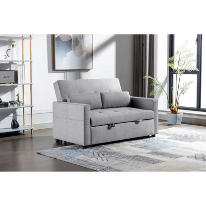 55.12 3-in-1 Linen Convertible Loveseat Sofa Bed with Side Pocket and Pillows