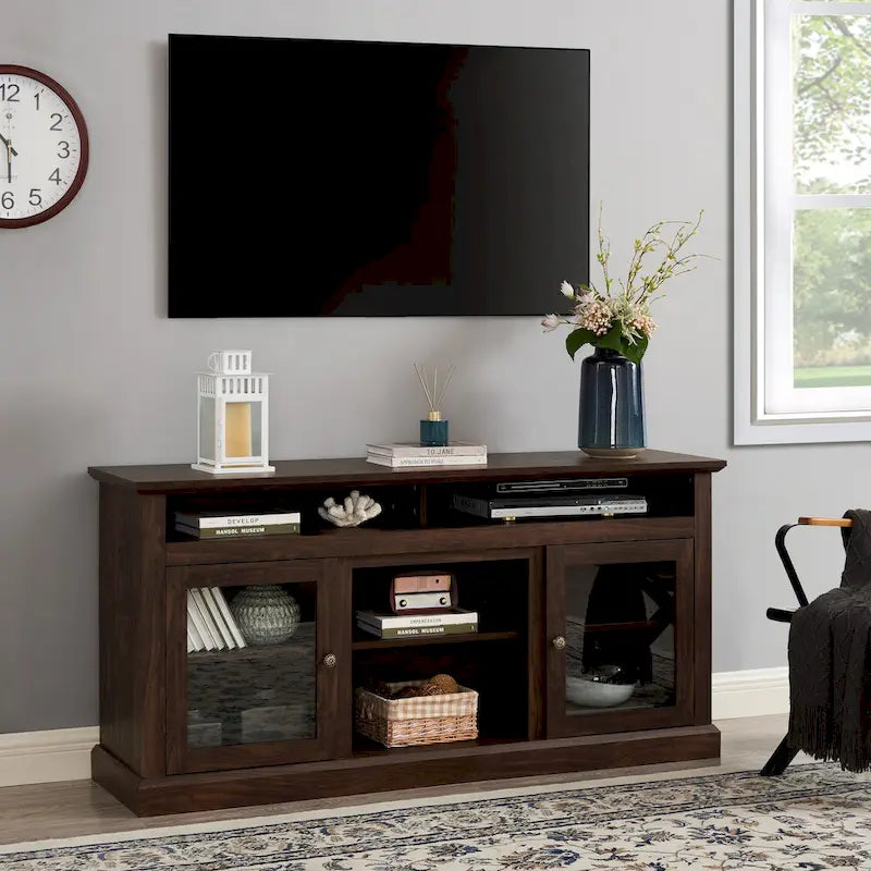 Modern TV Stand Media Stand Modern Entertainment Console for TV Up to 65 with Glass Door Open and Closed Storage Space