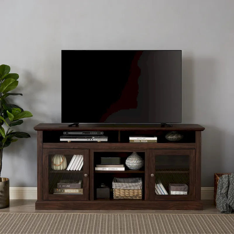 Modern TV Stand Media Stand Modern Entertainment Console for TV Up to 65 with Glass Door Open and Closed Storage Space