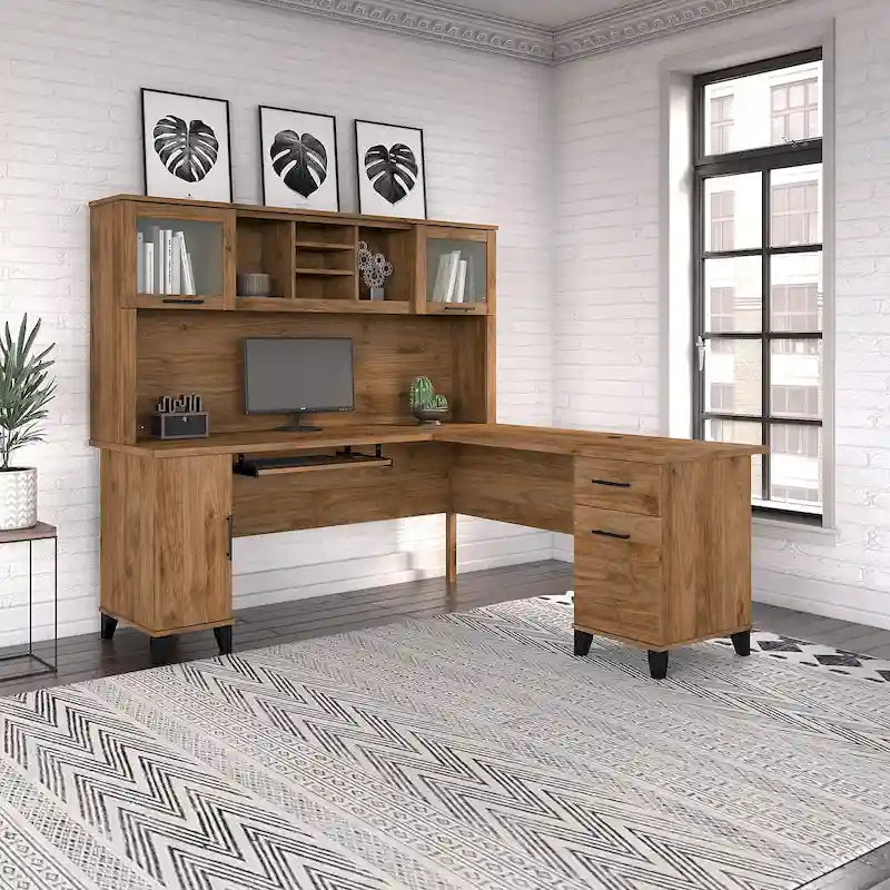Bush Furniture Somerset 72W L Shaped Desk with Storage Hutch