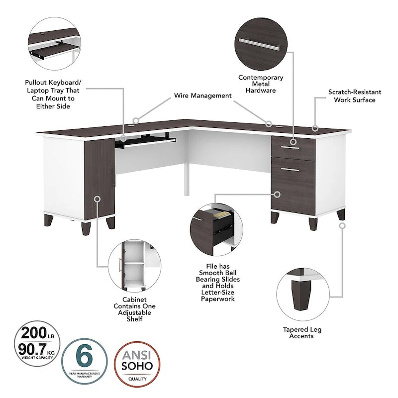 Bush Furniture Somerset 72W L Shaped Desk with Storage Hutch