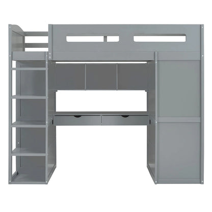 Twin Size Loft Bed with Desk, Wardrobes, 4 Drawers and 4 Shelves