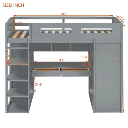 Twin Size Loft Bed with Desk, Wardrobes, 4 Drawers and 4 Shelves