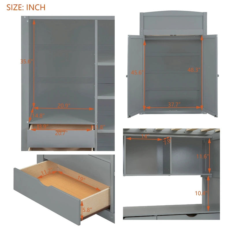 Twin Size Loft Bed with Desk, Wardrobes, 4 Drawers and 4 Shelves