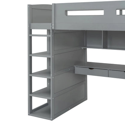 Twin Size Loft Bed with Desk, Wardrobes, 4 Drawers and 4 Shelves