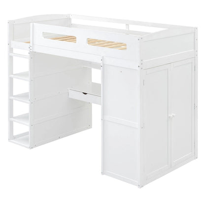 Twin Size Loft Bed with Desk, Wardrobes, 4 Drawers and 4 Shelves