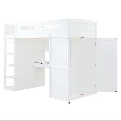 Twin Size Loft Bed with Desk, Wardrobes, 4 Drawers and 4 Shelves