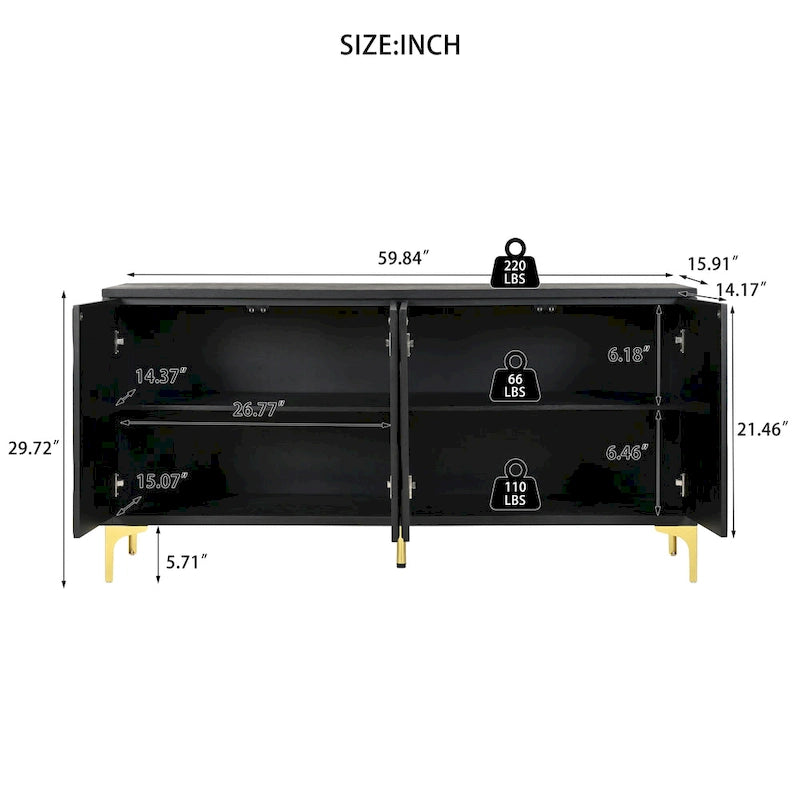 Creative carved 4-door Sideboard Handleless Press-to-Open Design Buffet Cabinet for Dining Room,Living Room, Bedroom, Hallway