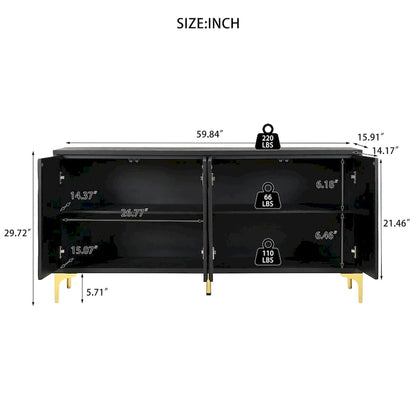 Creative carved 4-door Sideboard Handleless Press-to-Open Design Buffet Cabinet for Dining Room,Living Room, Bedroom, Hallway