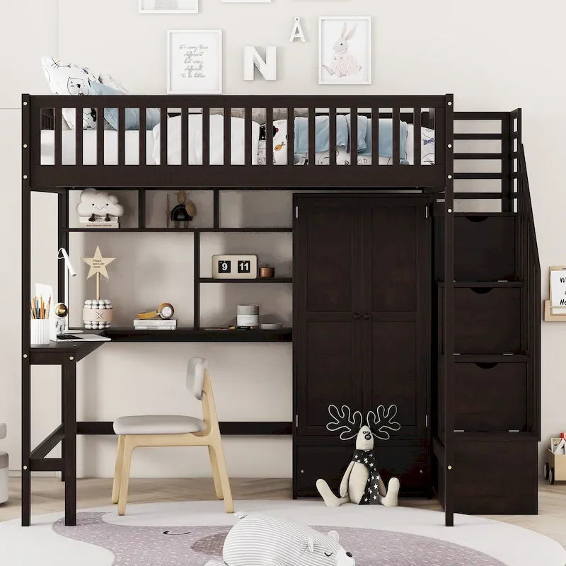 Nordic Creative Full Size Wood Loft Bed with Bookshelf, Drawers, Desk and Wardrobe Storage Bed Frame for Kids Teens Adults