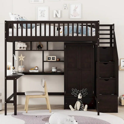 Nordic Creative Full Size Wood Loft Bed with Bookshelf, Drawers, Desk and Wardrobe Storage Bed Frame for Kids Teens Adults