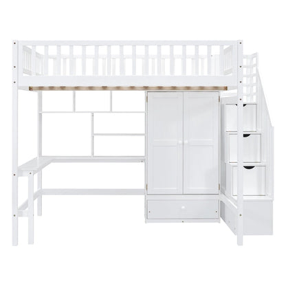 Nordic Creative Full Size Wood Loft Bed with Bookshelf, Drawers, Desk and Wardrobe Storage Bed Frame for Kids Teens Adults