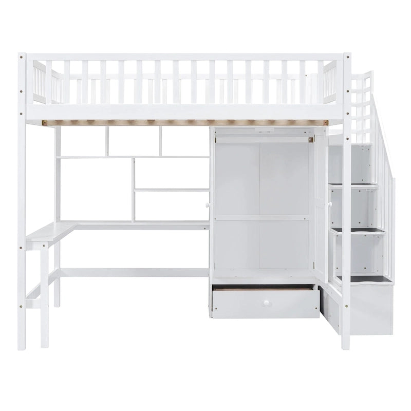 Nordic Creative Full Size Wood Loft Bed with Bookshelf, Drawers, Desk and Wardrobe Storage Bed Frame for Kids Teens Adults
