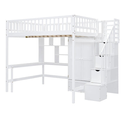 Nordic Creative Full Size Wood Loft Bed with Bookshelf, Drawers, Desk and Wardrobe Storage Bed Frame for Kids Teens Adults